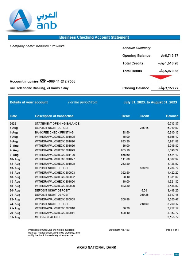 Download Arab National Bank company checking account statement Word and PDF template Photoshop template